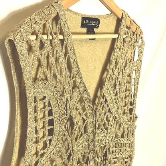 Vintage Lisa Originals Gold Metallic Lacy Crochet Open Front Vest Size L - Picture 2 of 11